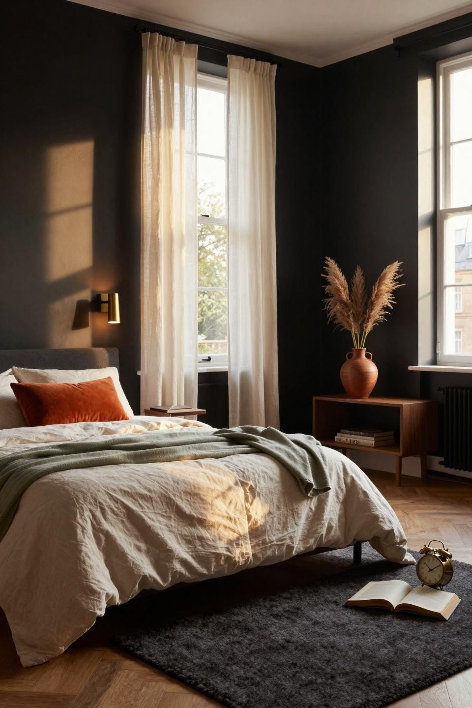 Master Bedrooms With Accent Wall - charcoal wall with orange pillow accent