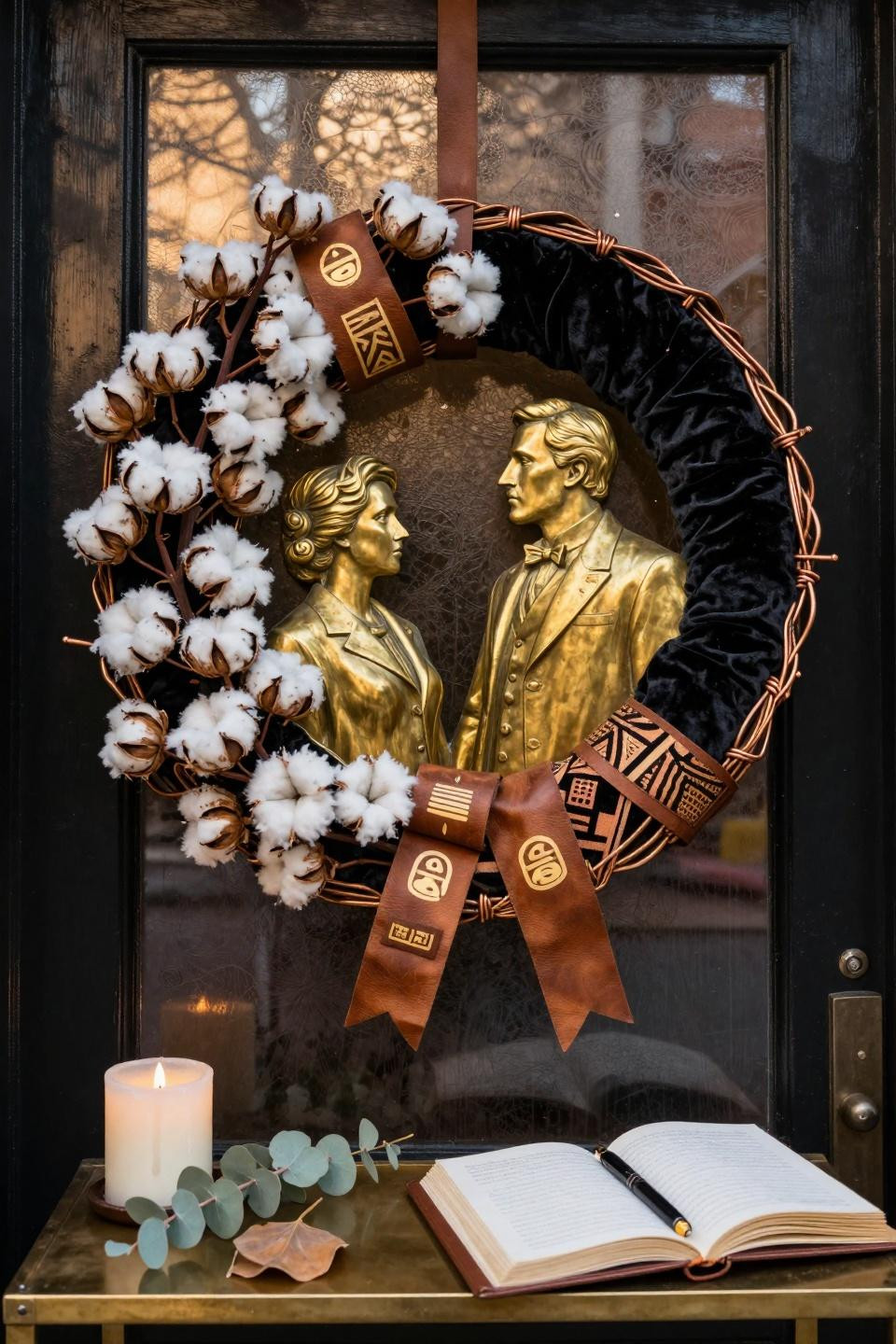 black history month door decoration with handcrafted brass wreath