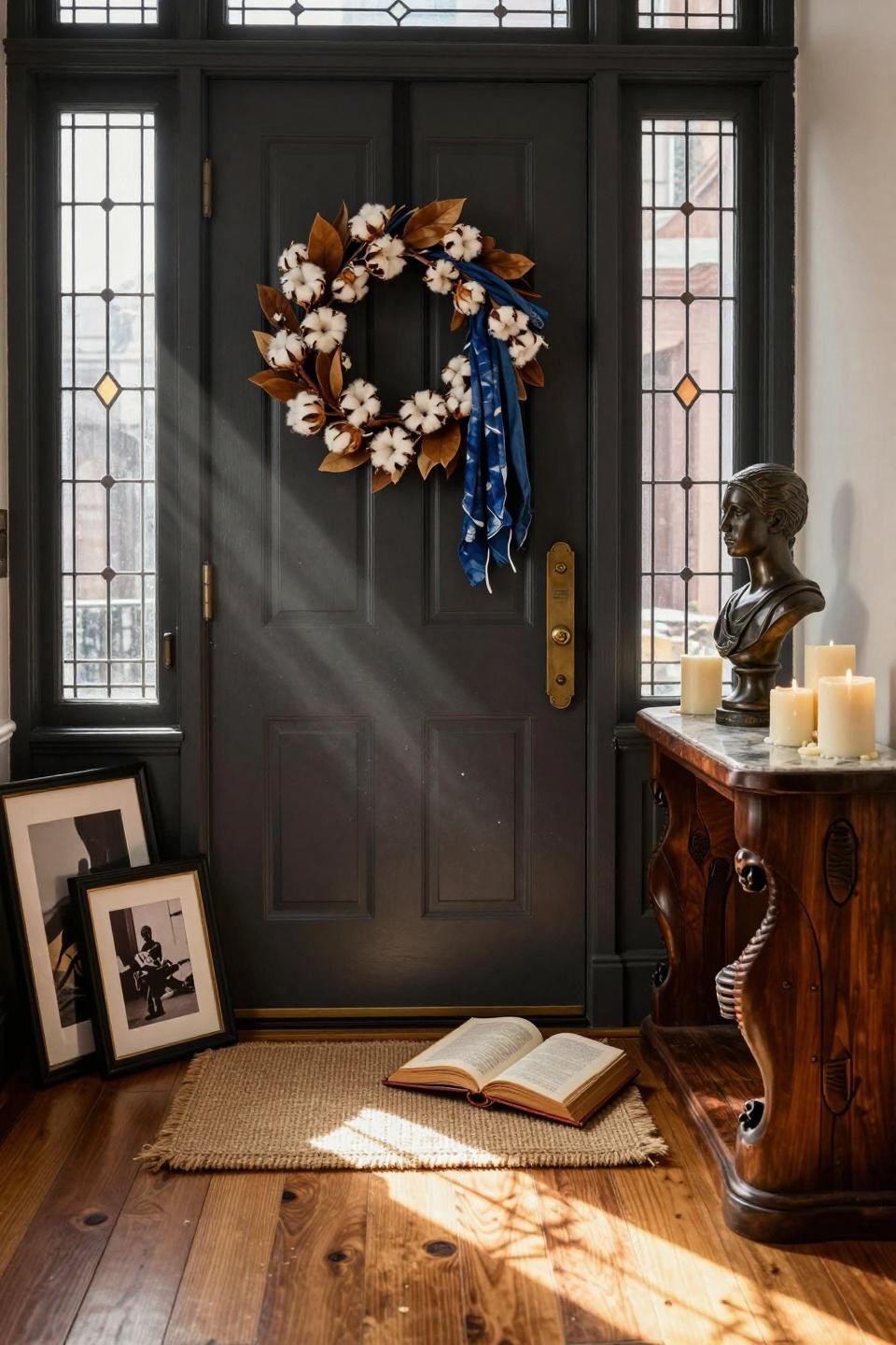 black history month door decoration with cotton wreath on charcoal door