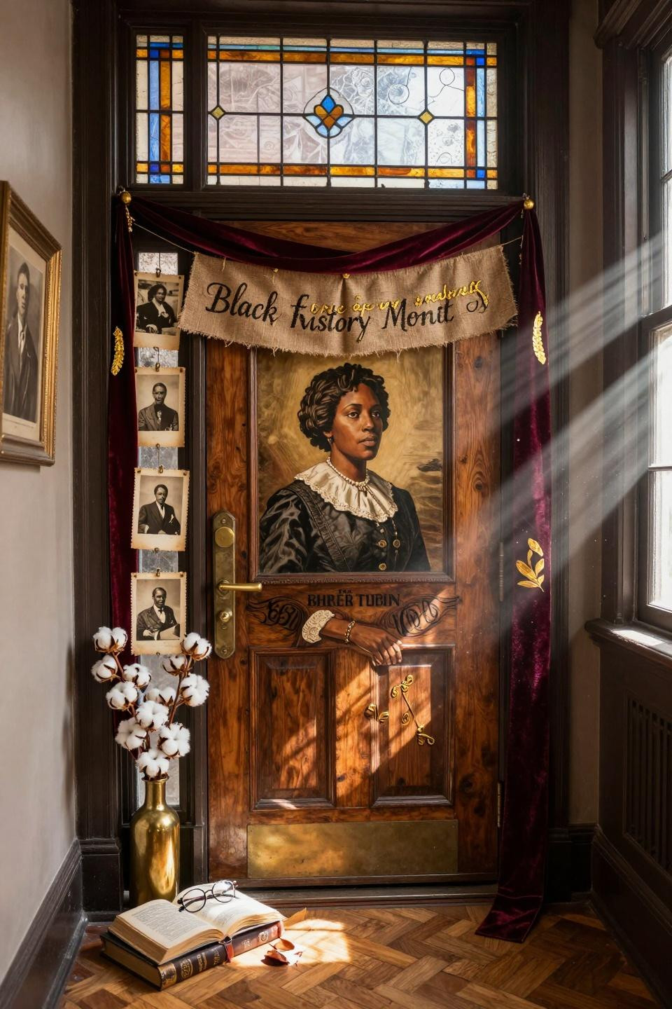 black history month door decoration featuring Harriet Tubman portrait