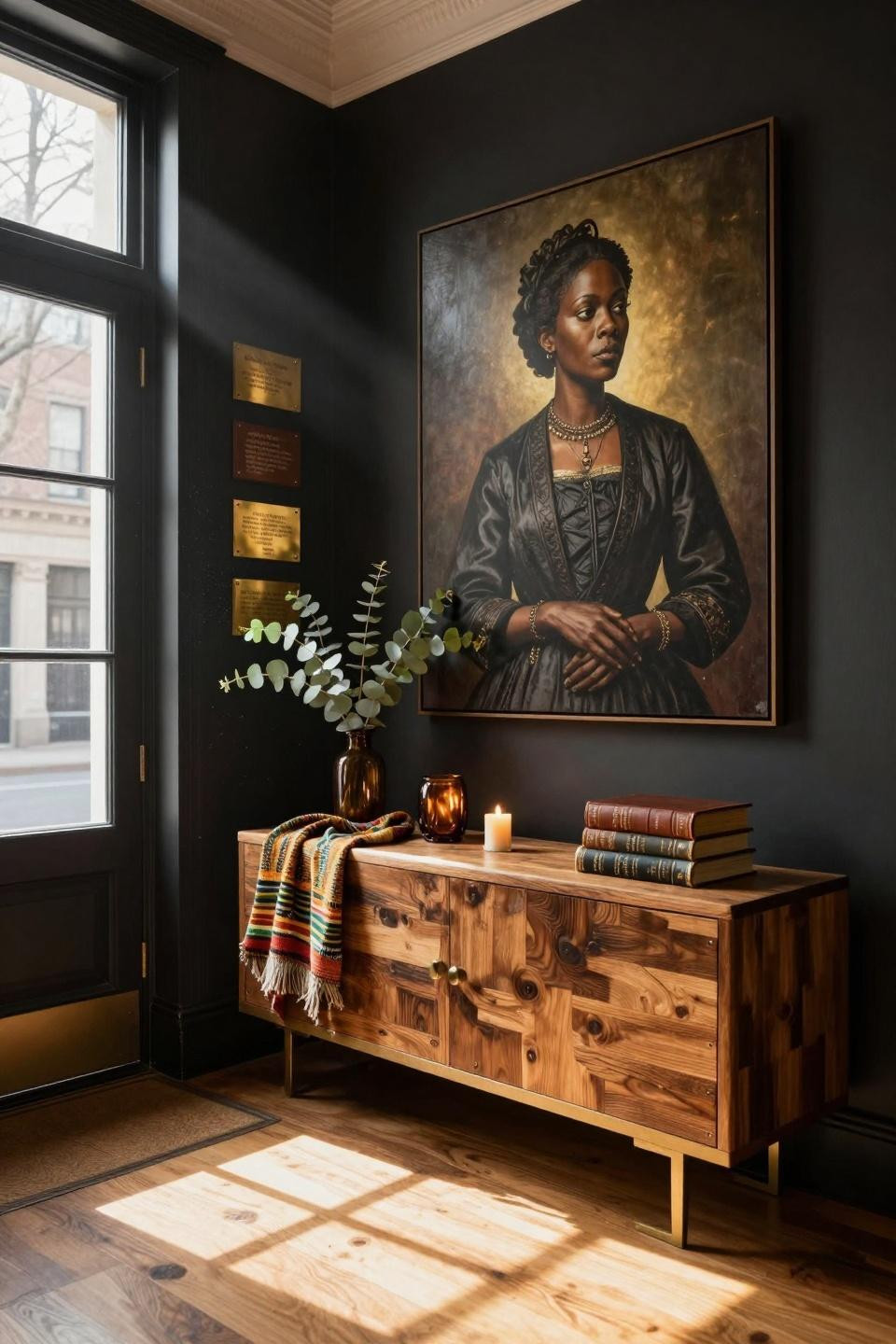 black history month door decoration with backlit portrait and eucalyptus