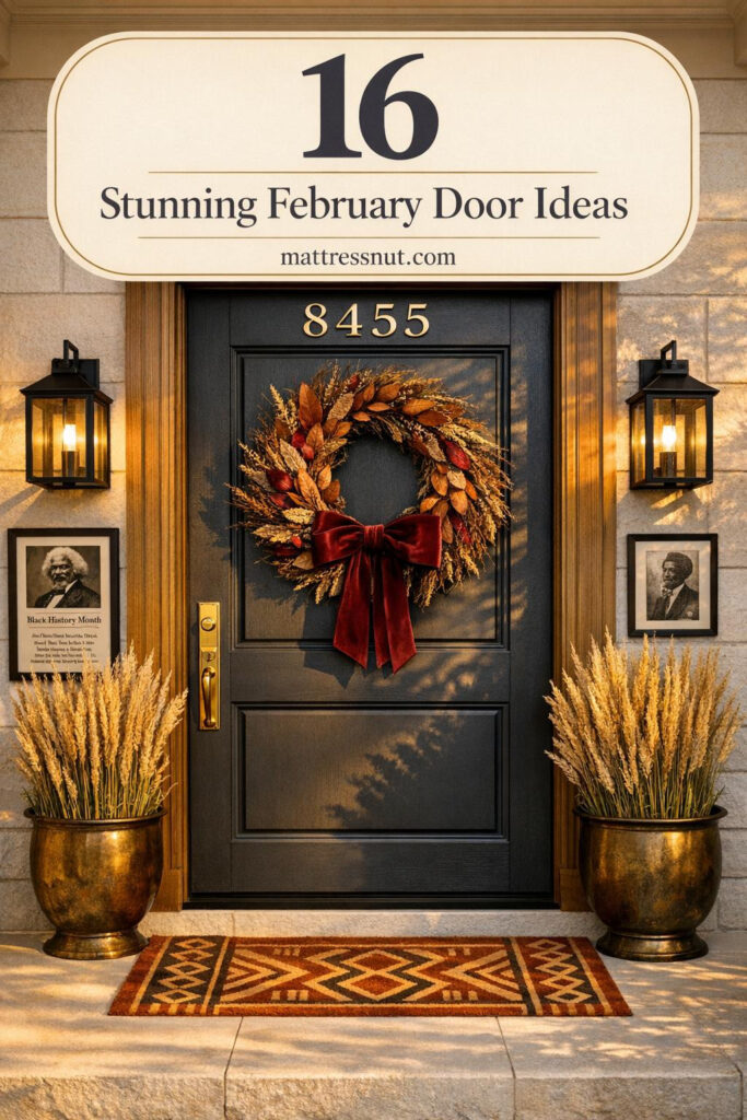 Charcoal front door with brass hardware, burgundy wreath, dried wheat stalks in brass planters, terracotta mat with African pattern