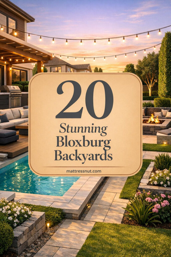 Modern Bloxburg backyard with rectangular pool, geometric pavers, pergola, fire pit seating, outdoor kitchen, and lush landscaping