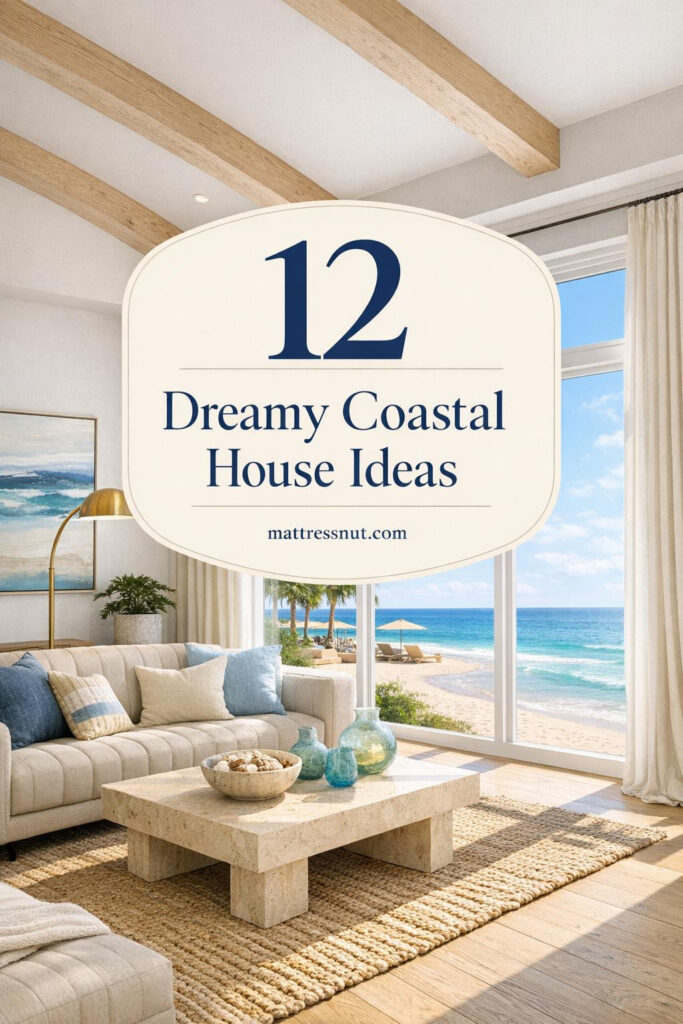 Bright coastal living room featuring white oak floors, linen sofa in sand tone, travertine coffee table, jute rug, and ocean views