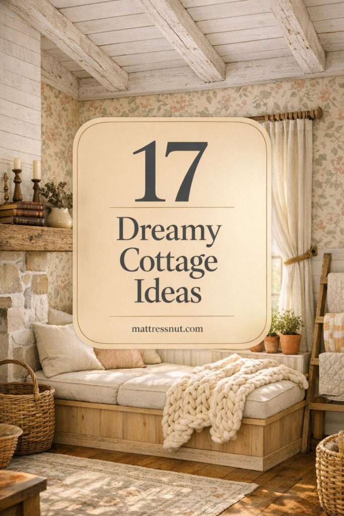 Cozy cottage living room with white oak window seat, cream cushions, sage floral wallpaper, reclaimed wood beams, wicker baskets, linen curtains, and warm neutral decor