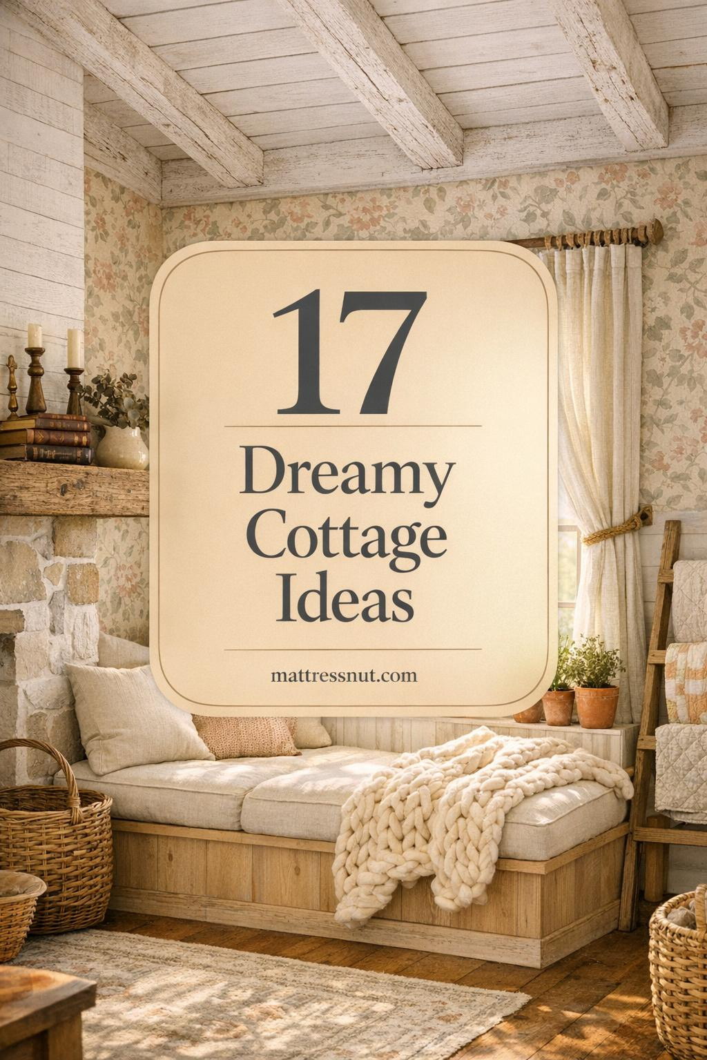 Cozy cottage living room with white oak window seat, cream cushions, sage floral wallpaper, reclaimed wood beams, wicker baskets, linen curtains, and warm neutral decor