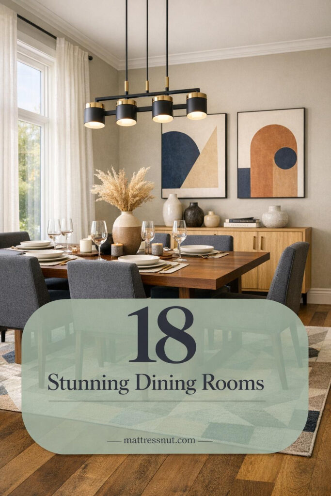 Modern dining room with walnut table, charcoal upholstered chairs, brass pendant light, geometric rug, and warm greige walls