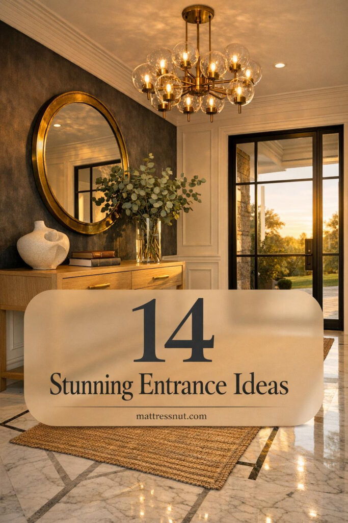 Modern home foyer with white marble flooring, brass chandelier, white oak console table, round brass mirror, and glass door
