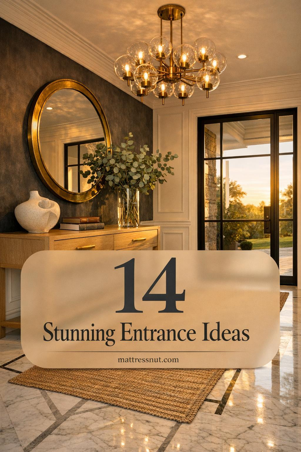 Modern home foyer with white marble flooring, brass chandelier, white oak console table, round brass mirror, and glass door