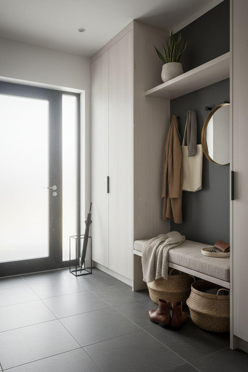 Bloxburg entryway ideas - Scandinavian mudroom with built-in oak cabinetry