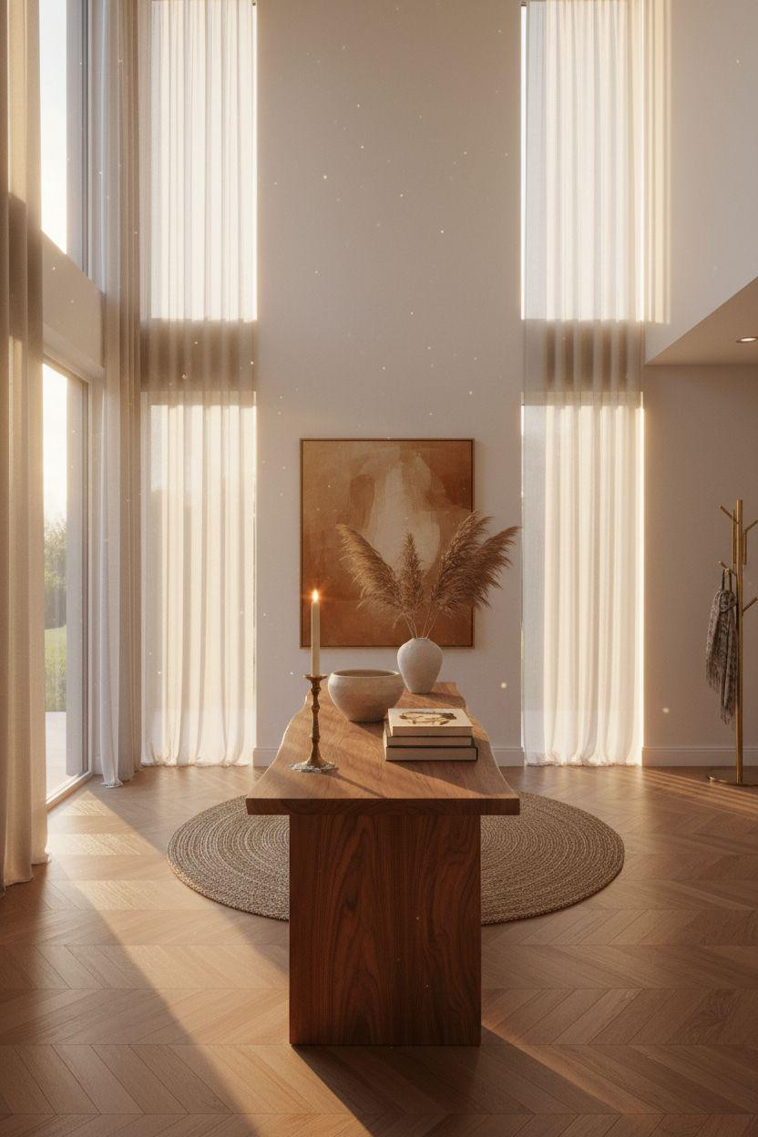 Bloxburg entryway ideas - warm walnut foyer with herringbone oak floors