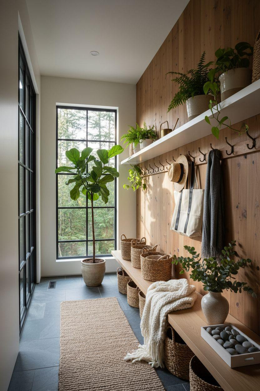 Bloxburg entryway ideas - cedar mudroom with built-in storage bench