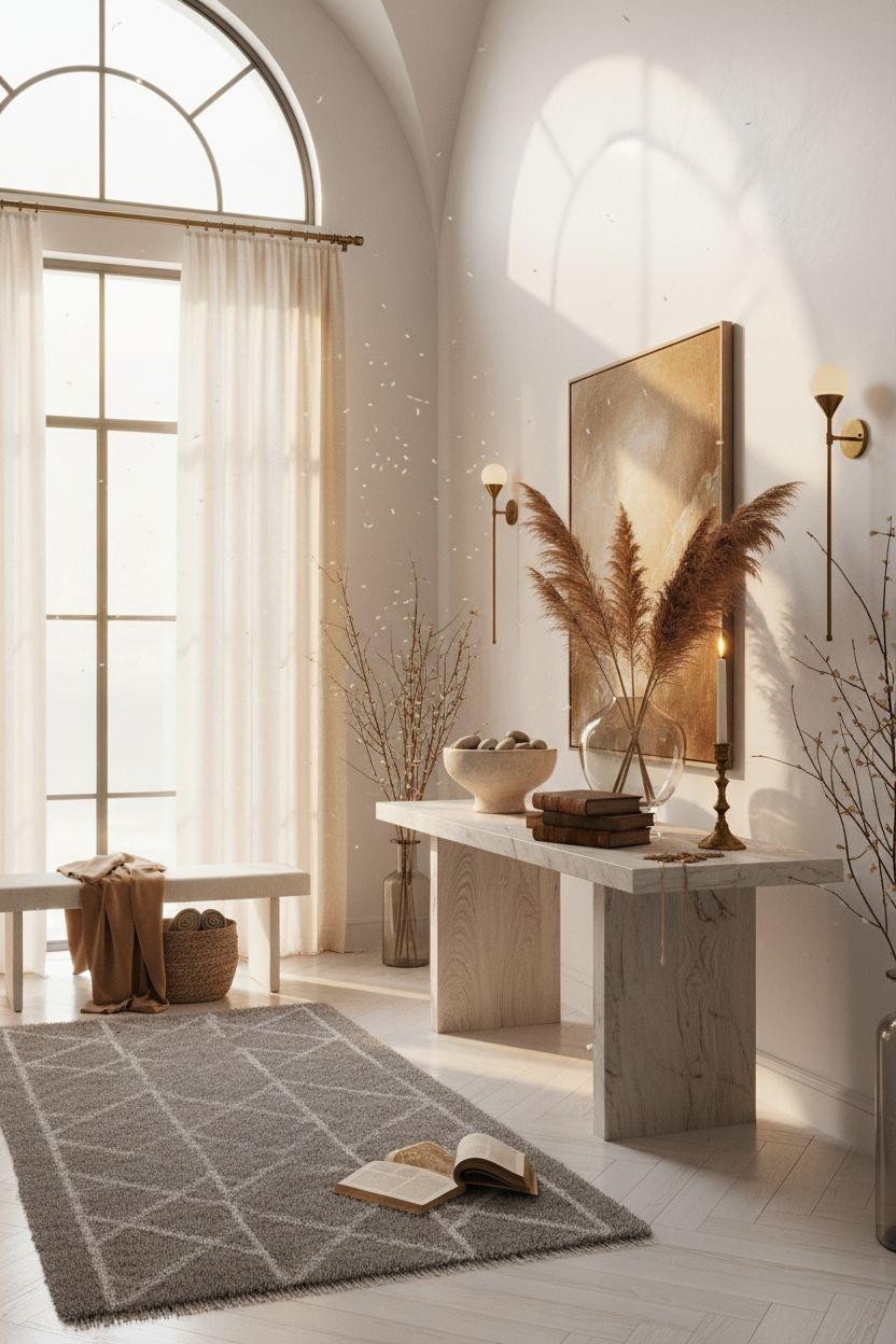 Bloxburg entryway ideas - Scandinavian foyer with white oak herringbone