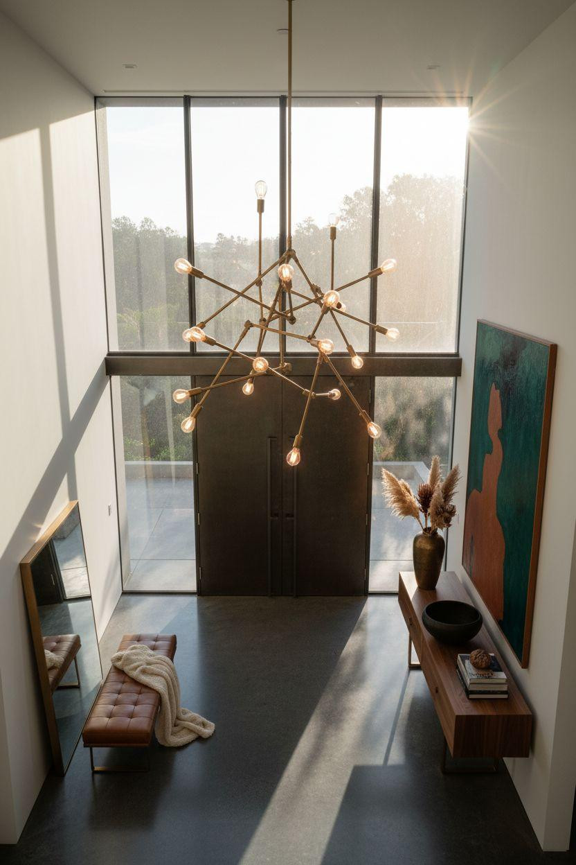 Bloxburg entryway ideas - modern double-height entryway with brass chandelier