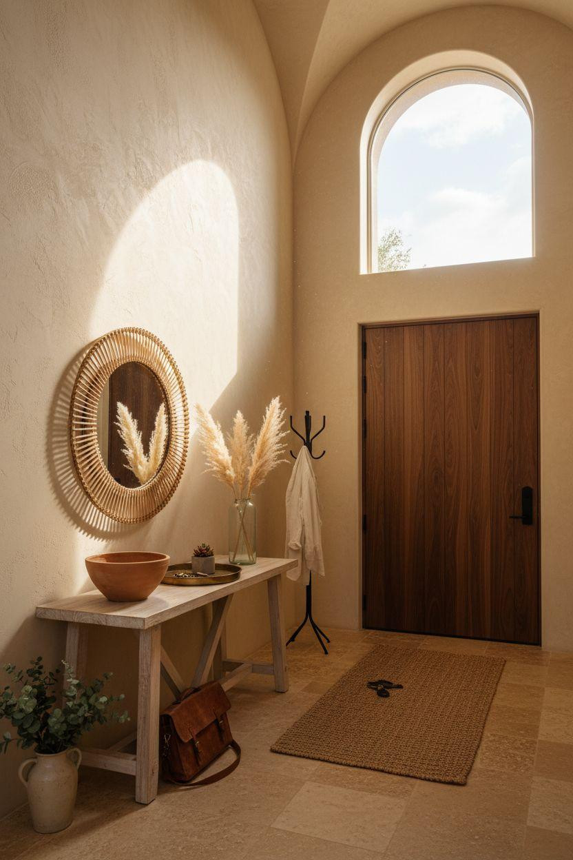 Bloxburg entryway ideas - Mediterranean villa entry with walnut pivot door