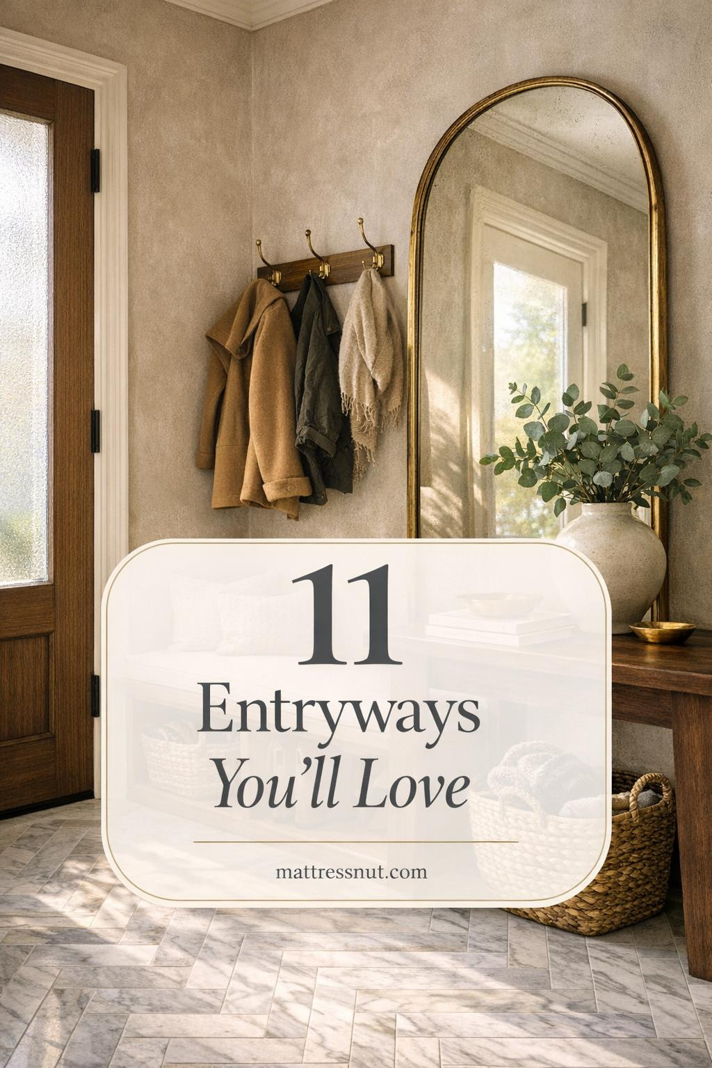 Sophisticated entryway with white oak built-in bench, Carrara marble herringbone floor, arched brass mirror, jute baskets, walnut console table, and plaster walls