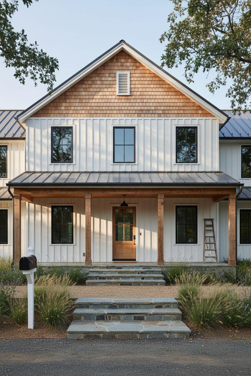 Bloxburg Farmhouse - front elevation with black frames