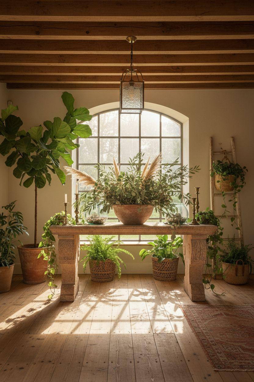 Bloxburg Farmhouse - entryway with plants and limestone console