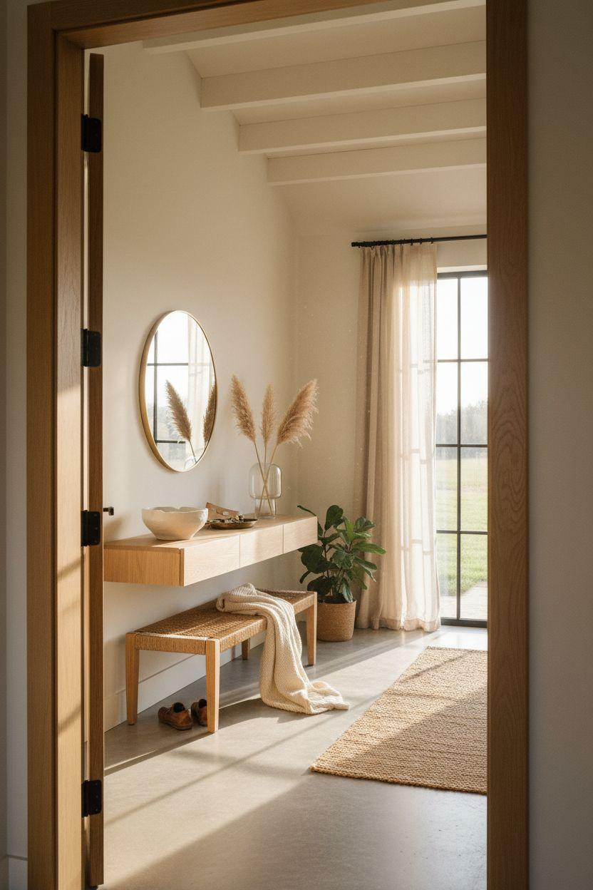 Bloxburg Farmhouse - minimal entryway with dried grasses