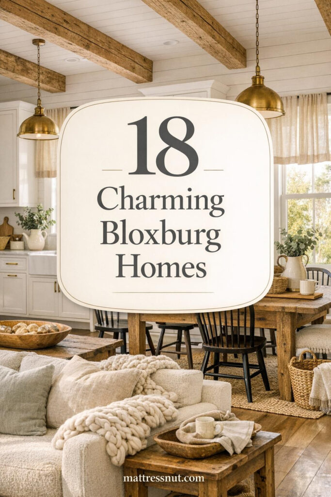 Open-concept farmhouse living space with white shaker kitchen, reclaimed wood dining table, cream boucle sofa, brass lighting, and natural textures