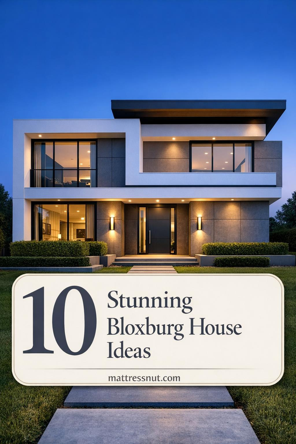 Modern two-story white house with gray panels, black-framed windows, flat roof, geometric landscaping, and dusk lighting