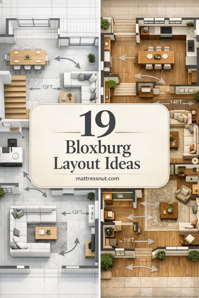 Architectural floor plan comparison showing modern open-concept and traditional Bloxburg layouts with furniture placement