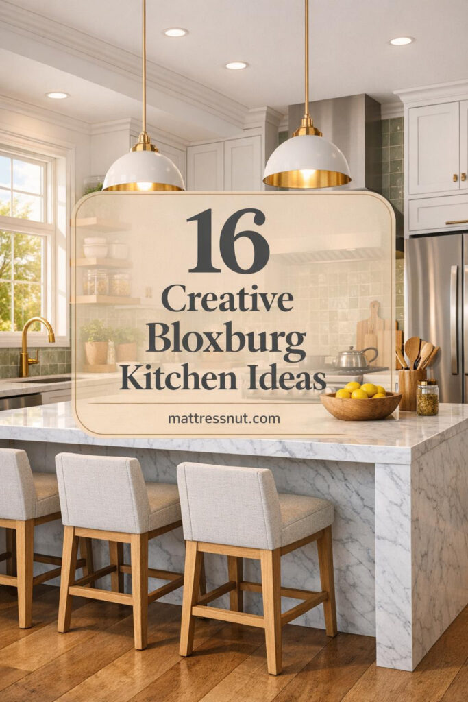 Modern Bloxburg kitchen with white shaker cabinets, marble waterfall island, sage zellige backsplash, brass fixtures, and open shelving