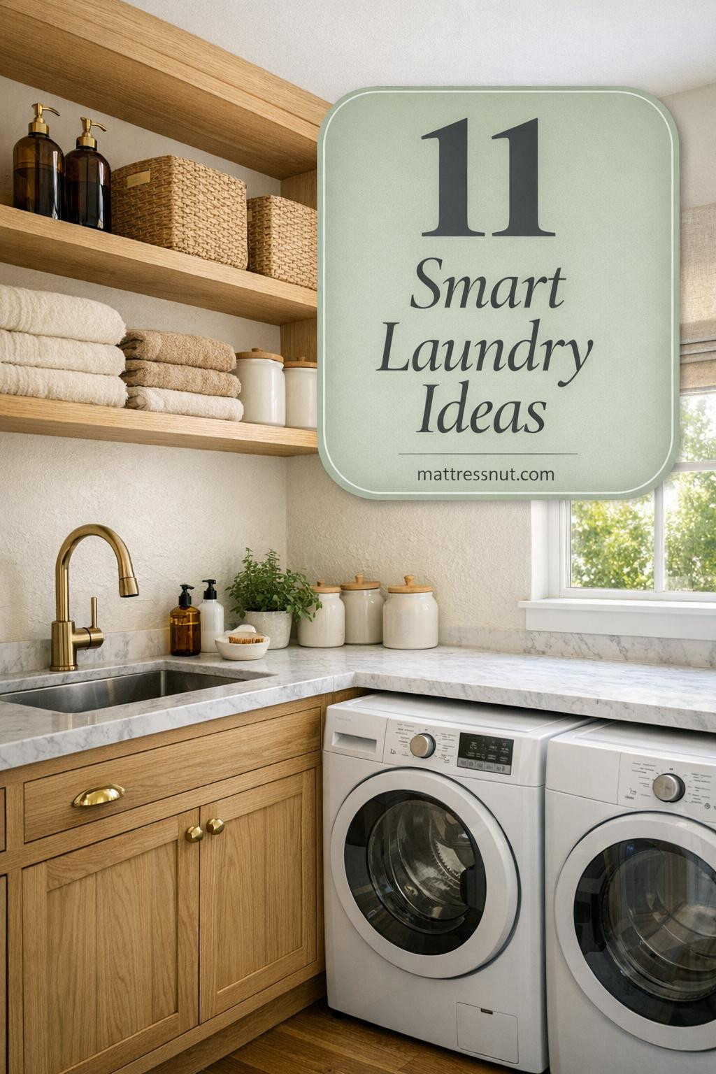 Modern laundry room featuring white oak cabinets, Carrara marble countertop, brass hardware, glass dispensers, and organized storage baskets