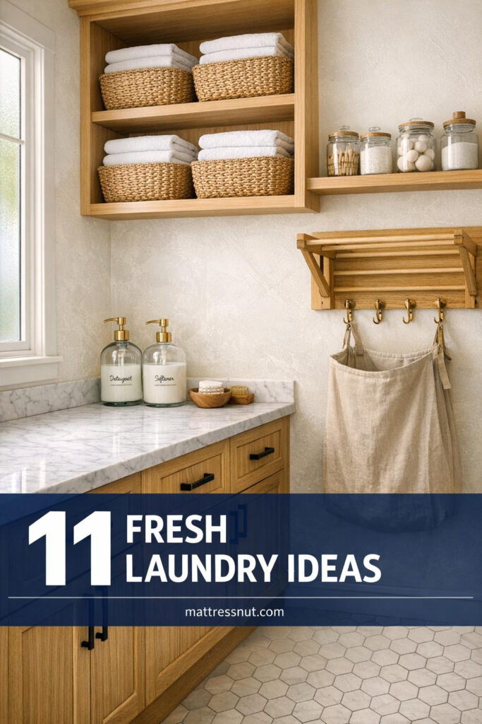 Organized laundry room featuring white oak built-ins, Carrara marble folding station, brass fixtures, jute baskets, and hexagonal tile flooring
