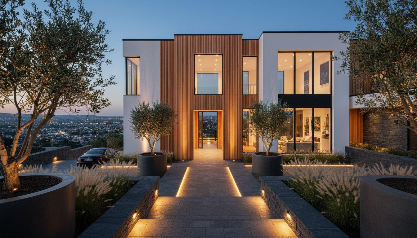 Bloxburg Mansion Ideas - twilight mansion with vertical wood slats and warm lighting