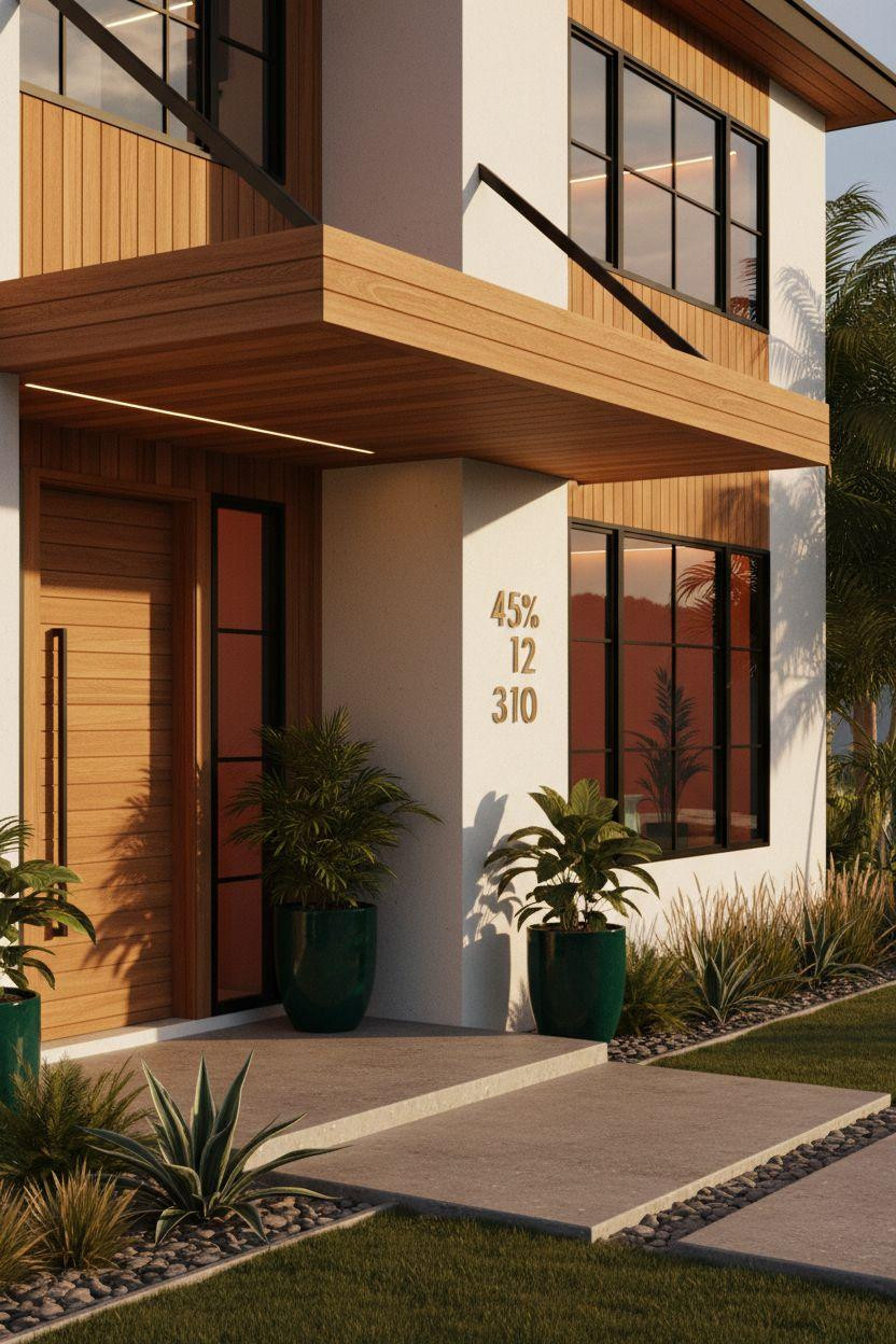 Bloxburg Mansion Ideas - floating teak canopy with emerald planters and terracotta accent