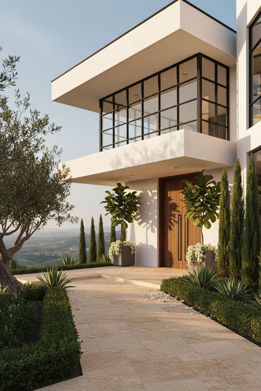 Bloxburg Mansion Ideas - geometric mansion with black windows and travertine pathway