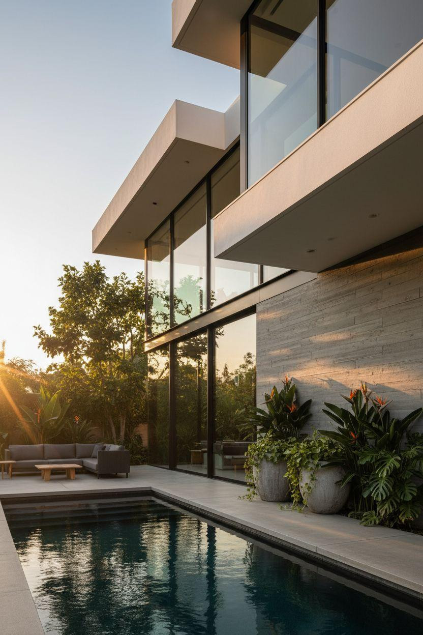 Bloxburg Mansion Ideas - minimalist white mansion with fiddle leaf figs