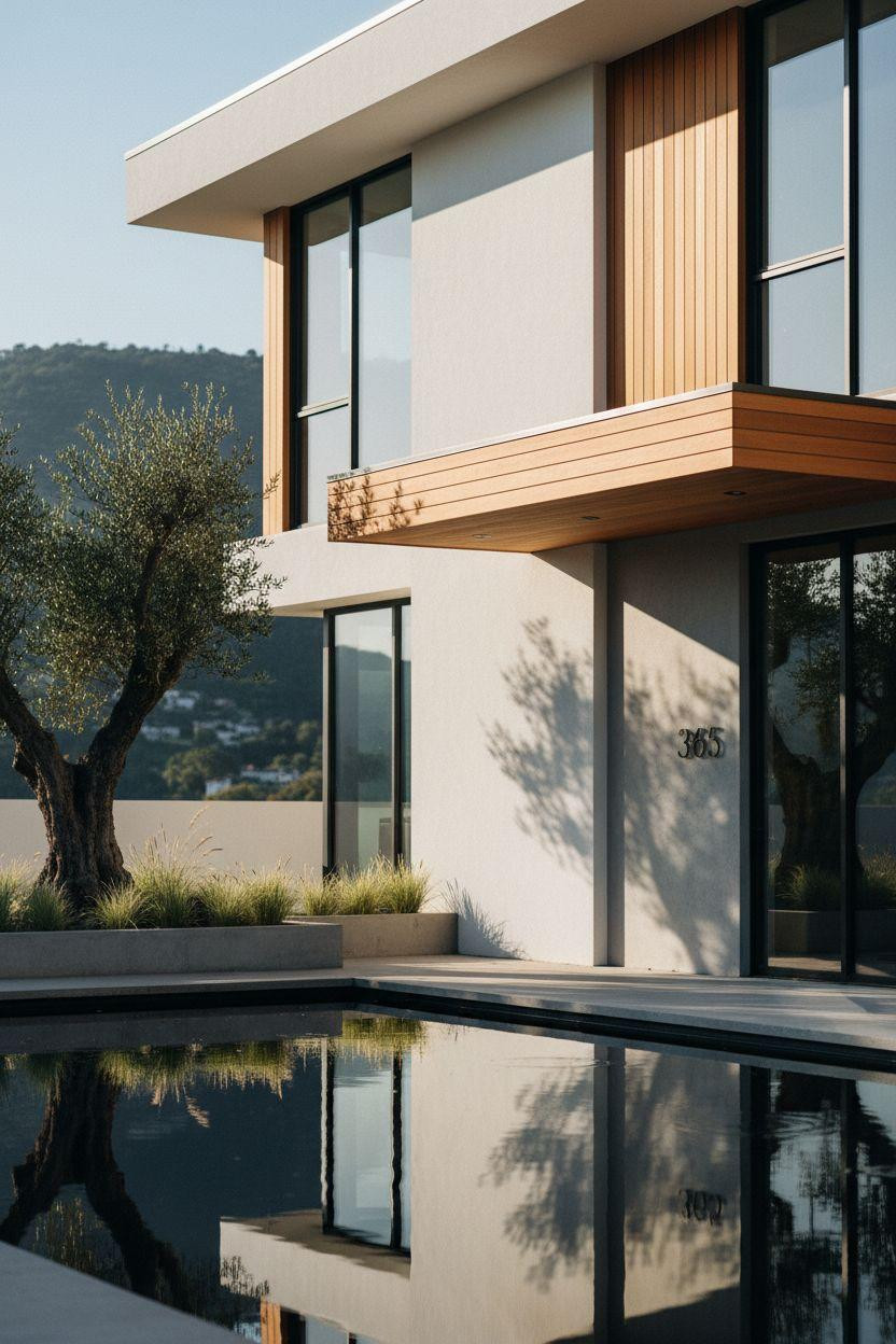 Bloxburg Mansion Ideas - facade with vertical teak wood and concrete panels