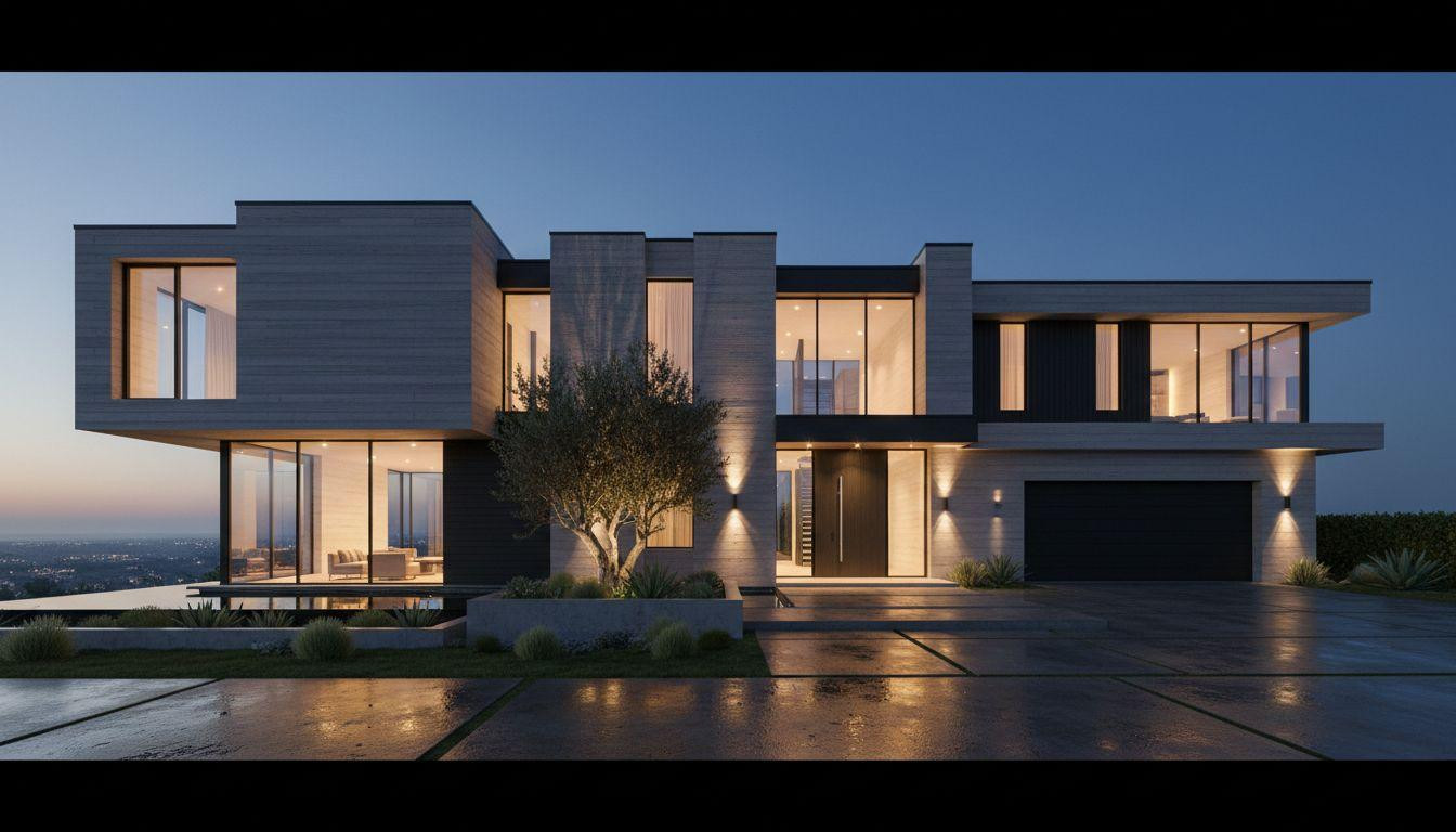 Bloxburg Mansion Ideas - geometric concrete facade with cantilevered forms