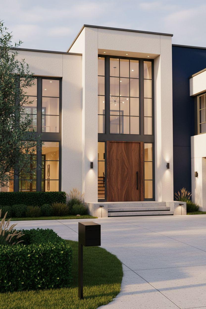 Bloxburg Mansion Ideas - entrance with navy accent wall and charcoal windows