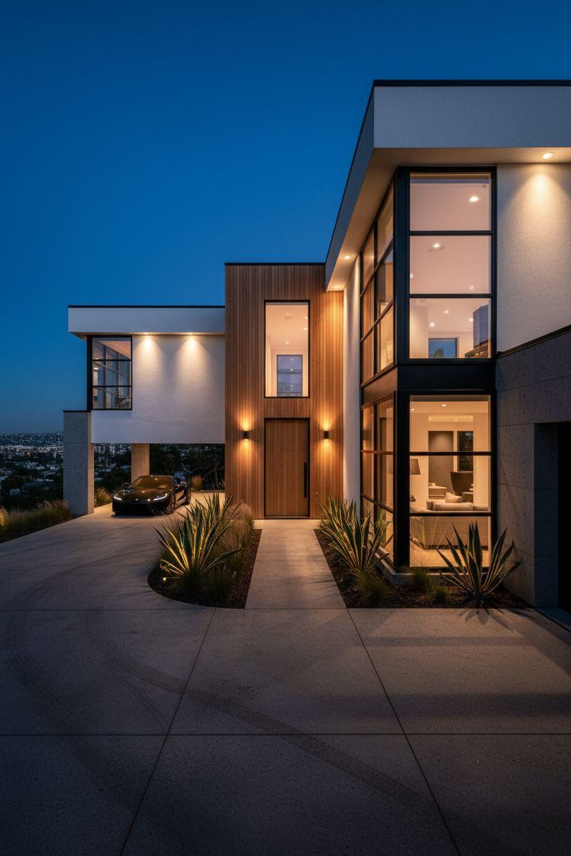 Bloxburg Mansion Ideas - hillside mansion at dusk with uplighting