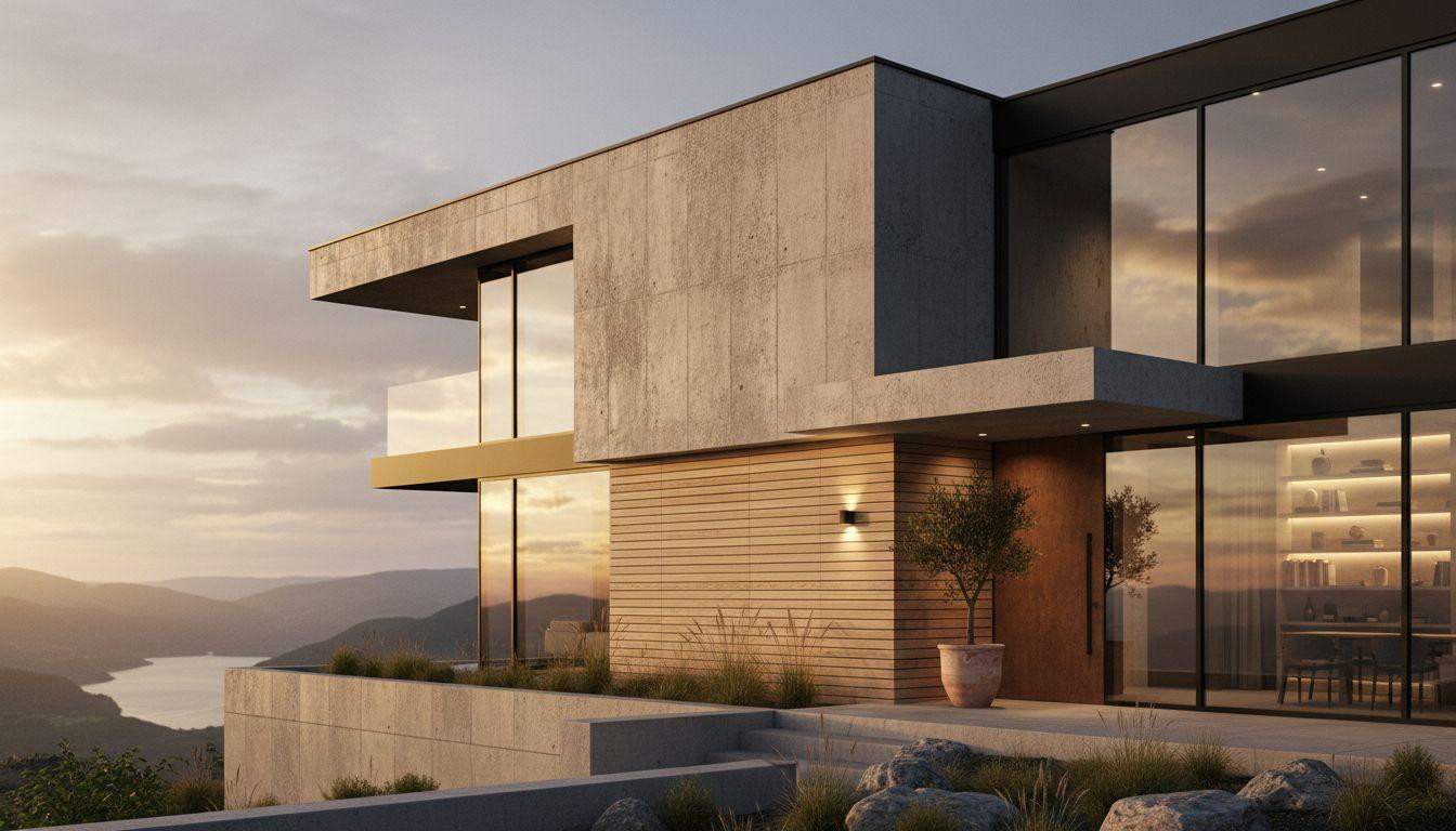 Bloxburg Mansion Ideas - minimalist Scandinavian mansion with oak cladding and concrete