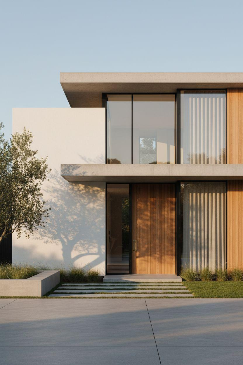 Bloxburg Mansion Ideas - minimalist white mansion with floating concrete overhang