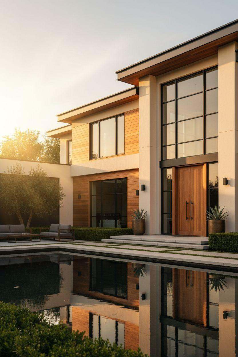 Bloxburg Mansion Ideas - two-story facade with teak paneling and reflecting pool