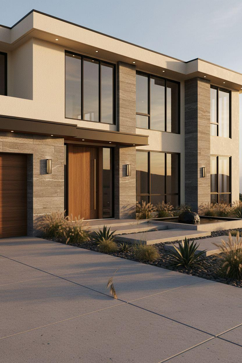 Bloxburg Mansion Ideas - modern hillside estate with limestone panels and walnut door