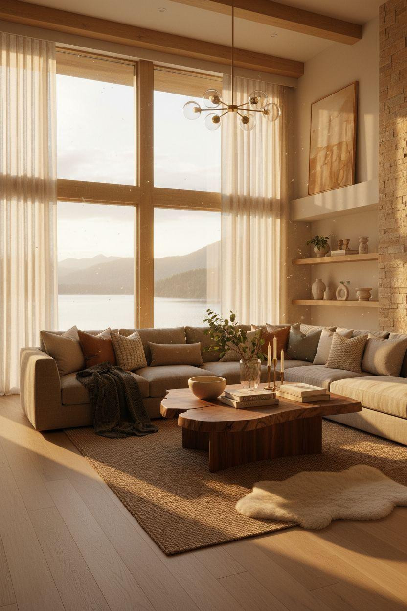 Bloxburg Mansion Ideas - lakeside living room with L-shaped sectional and oak beams