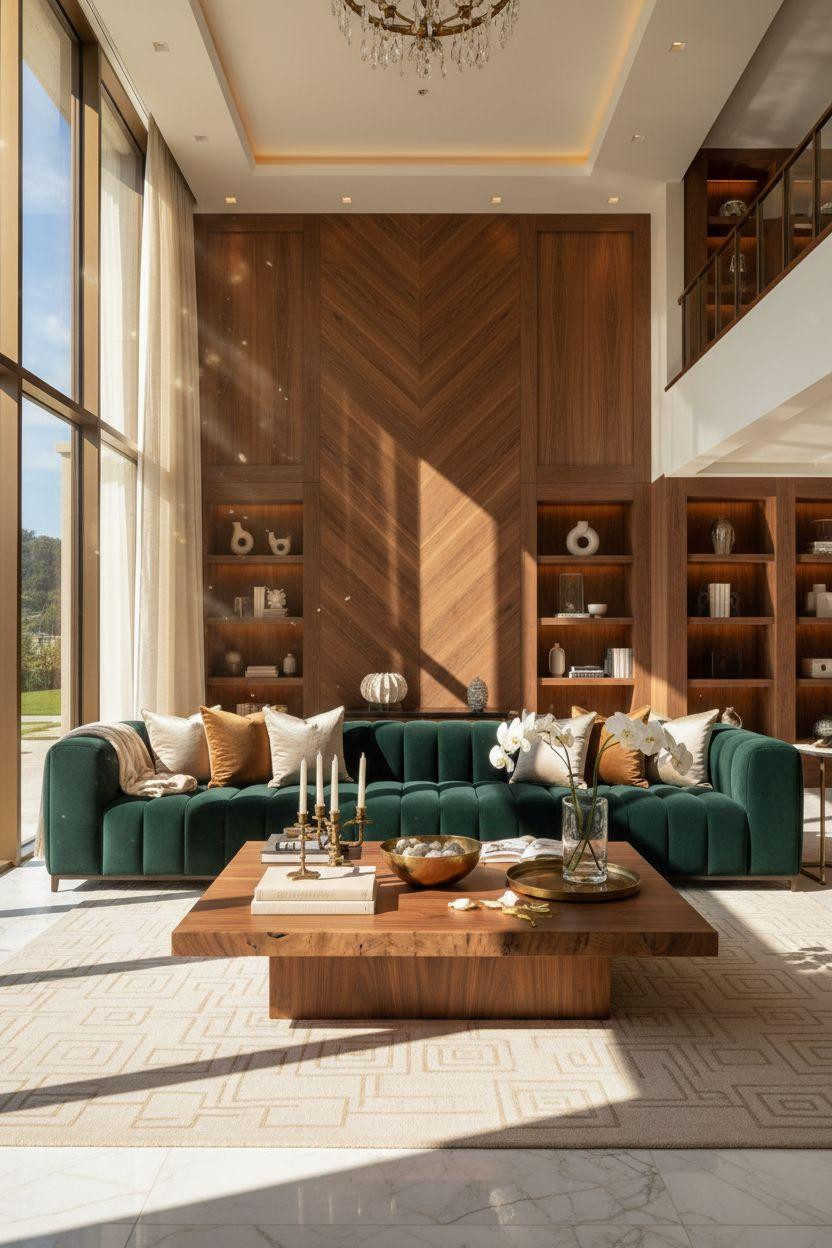 Bloxburg Mansion Ideas - luxury living room with emerald sectional and marble floors