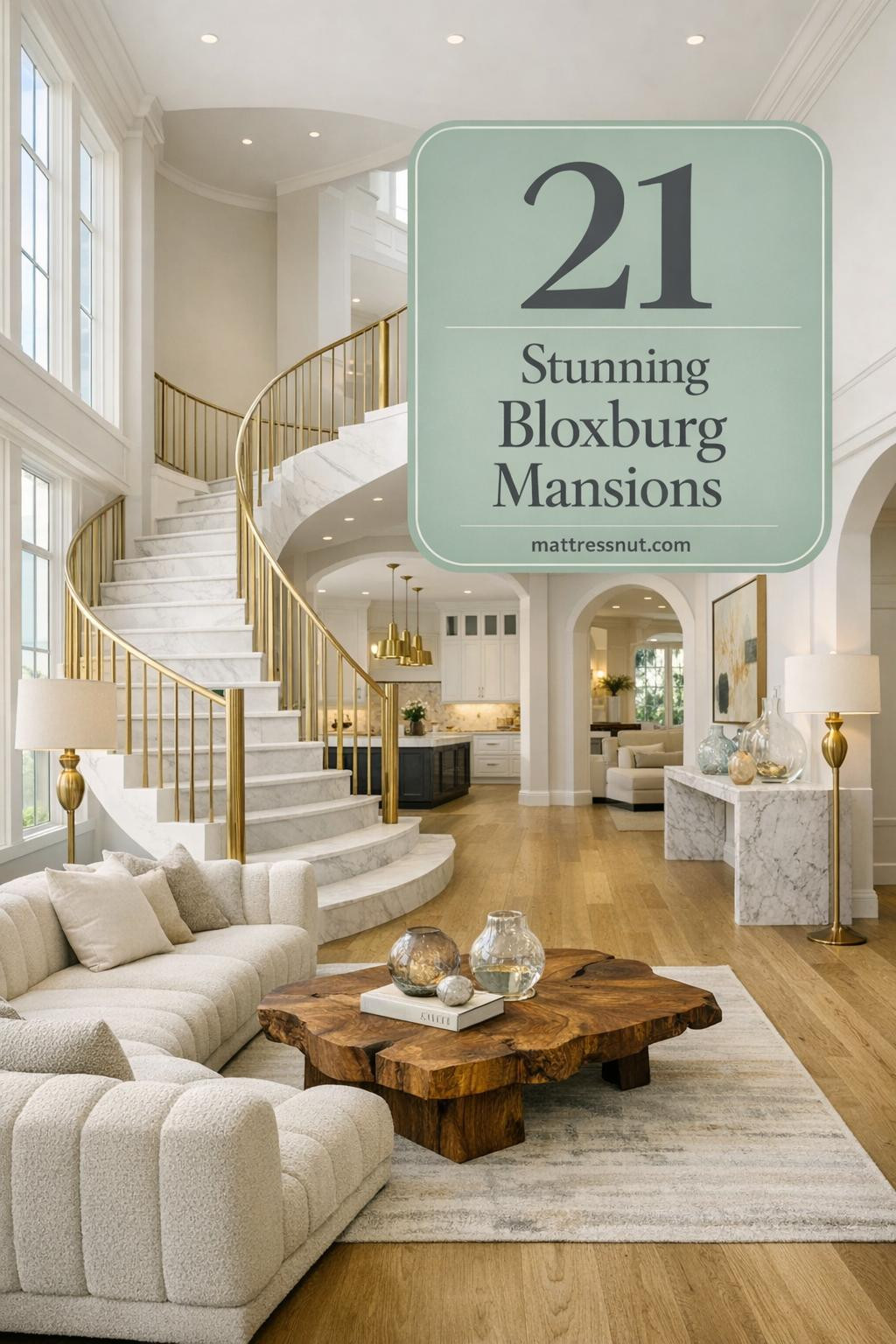 Luxurious Roblox Bloxburg mansion foyer with curved marble staircase, floor-to-ceiling windows, cream boucle sectional, walnut coffee table, and coastal neutral decor
