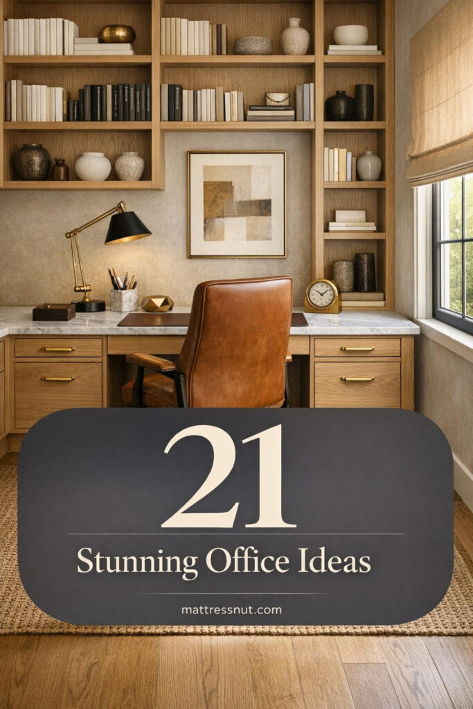 Sophisticated home office featuring white oak built-in desk with marble top, floor-to-ceiling shelving, cognac leather chair, brass lamp, and warm greige walls