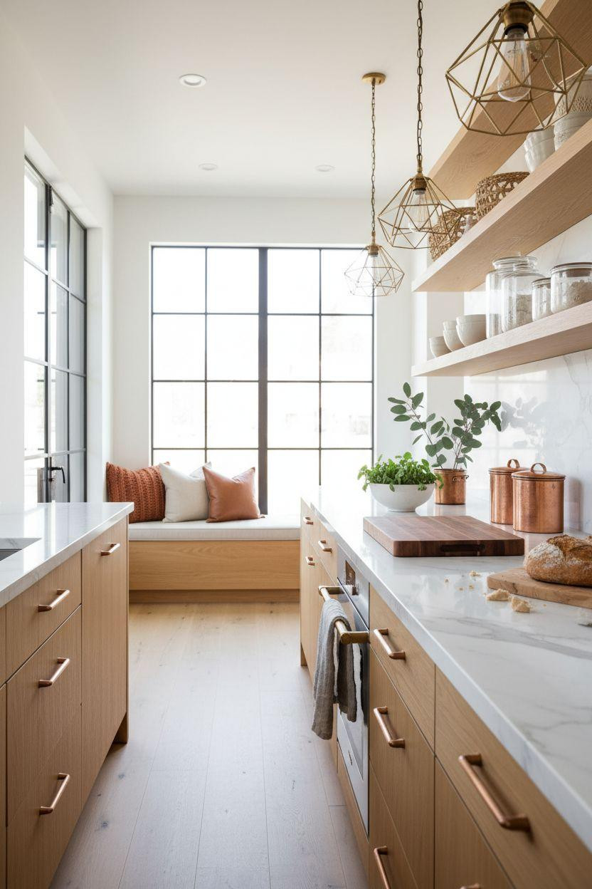 Bloxburg Pantry Ideas - kitchen with copper accents and nook
