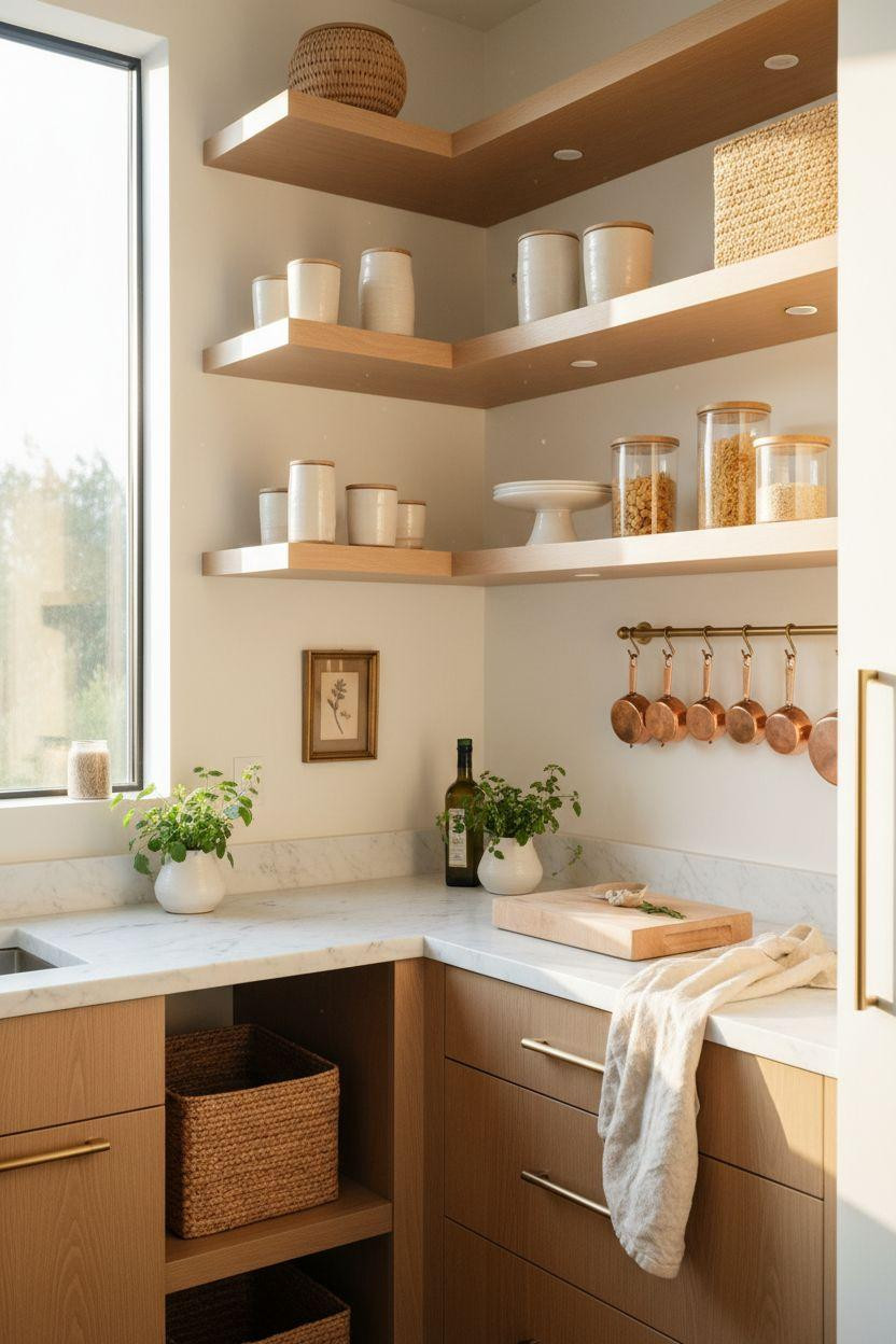 Bloxburg Pantry Ideas - pantry workspace with oak shelves