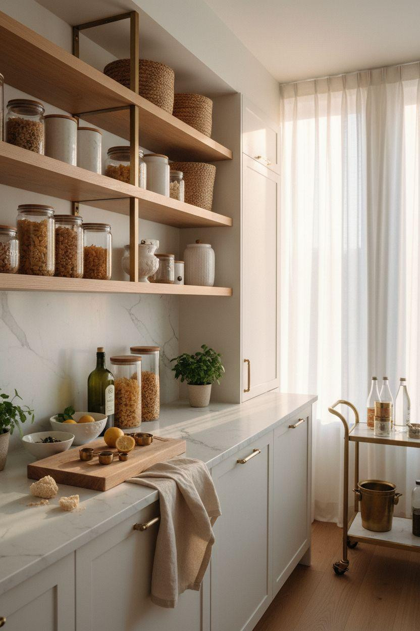 Bloxburg Pantry Ideas - floor-to-ceiling pantry with marble and oak
