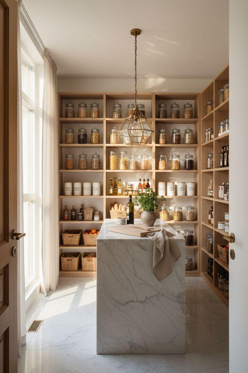 Bloxburg Pantry Ideas - pantry with brass pendant and marble