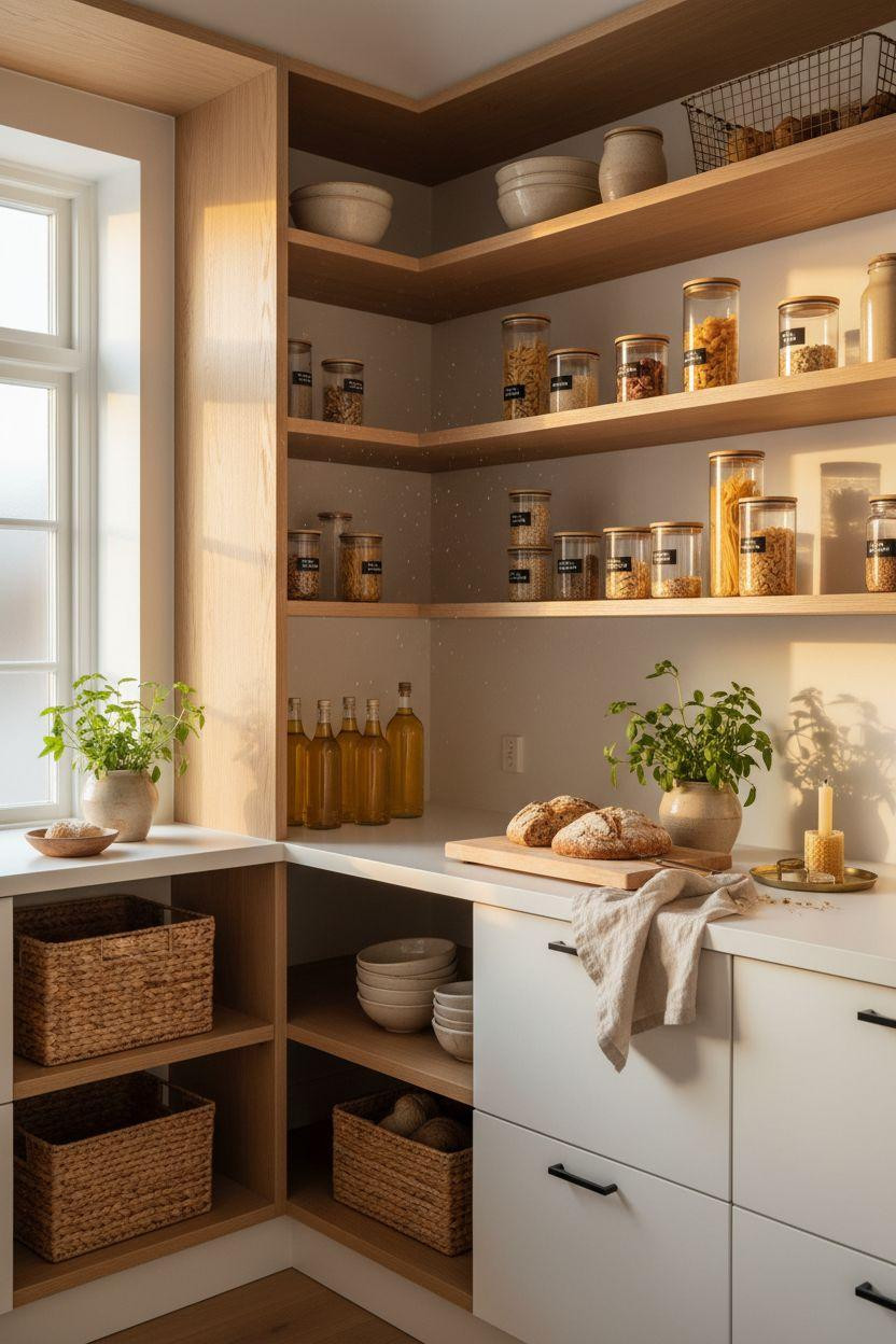 Bloxburg Pantry Ideas - Scandinavian pantry with oak and jars